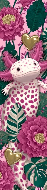 Free printable axolotl bookmark featuring gold hearts and pink flowers axolotl